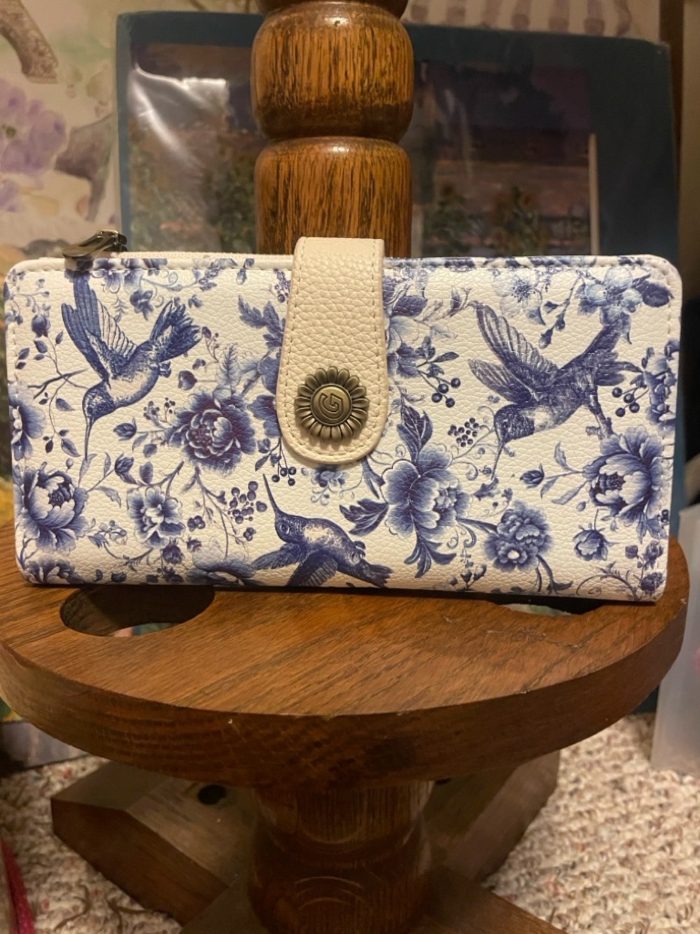 Women’s Floral Bird Print Wallet - Cream and Blue